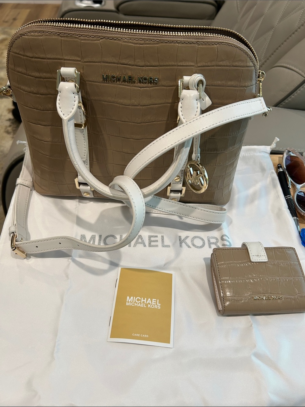 Michael Kors Taupe Croc-Embossed Satchel with White Trim and Gold Hardware